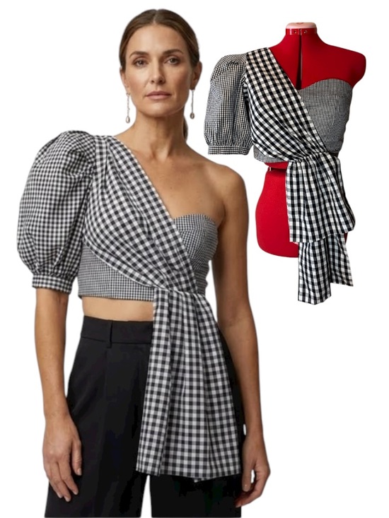 La’ Ros Tops - La’ Ros Black and White Gingham One-Shoulder Asymmetrical Draped Puff Sleeve Top